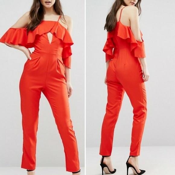 Influence Pants - INFLUENCE Red cold shoulder jumpsuit. Size 14